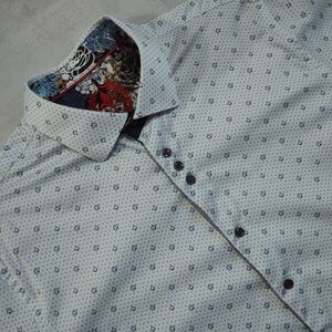 Au Noir Sz 4 Men's White Patterned Casual Button Down Shirt Cotton/Spandex Blend